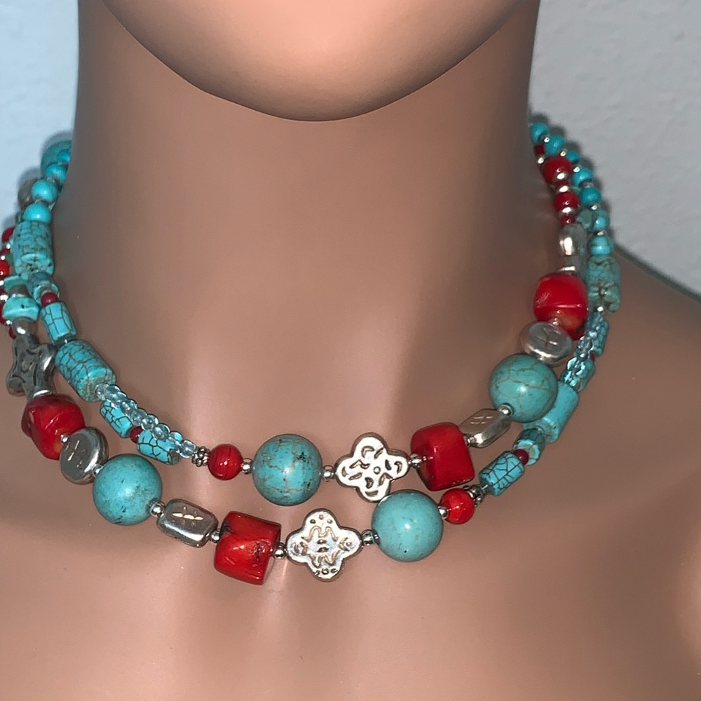 OOAK Vintage Turquoise, Red Coral, Pearl, Cast Sterling & Seed Bead Neck…